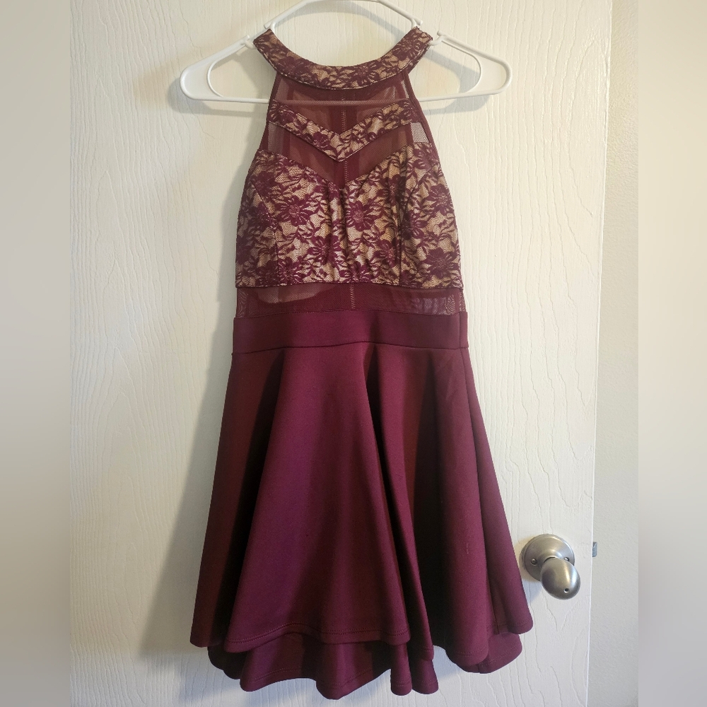 Womens Burgundy Halter Dress with Lace Detail